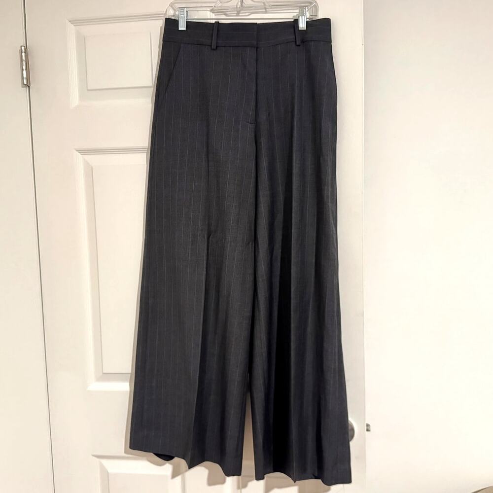 COS Wide Leg Pinstriped Wool Trousers Size 6 Gray Tailored Minimalist Workwear - Picture 2 of 7